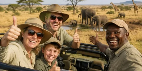 Happy guests on an African safari. Book Africa safari tour packages with Adeli Kenya Safaris. Kenya safaris, Tanzania tours, Zanzibar holidays, gorilla trekking & Nairobi excursions.
